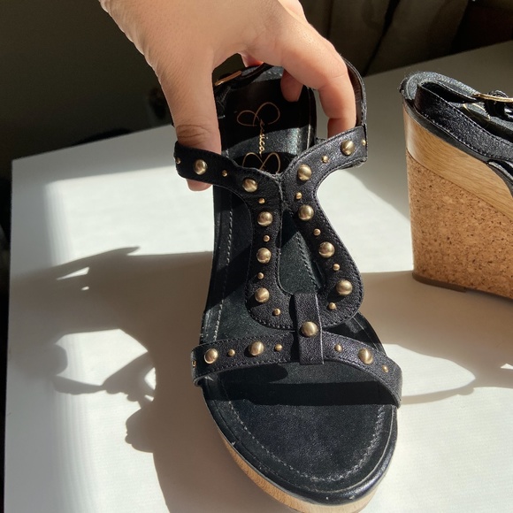 Black Jessica Simpson Wedges with Gold Studs - Picture 2 of 10